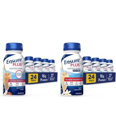 Ensure Plus Nutrition Shake with 16 grams of protein & Ensure Plus Liquid Nutrition Shake with Fiber 16 Grams of Protein Vanilla 8 Fl Oz Bottle (Pack of 24) Butter Pecan + Shake Pack of 24 8 Fl Oz (Pack of 24)