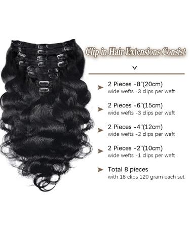 16 Natural Black Body Wave Clip In Hair Extensions for Black Women - 120g, 8Pcs, Double Weft, 18 Clips - Human Hair Extensions - Buy Online on GoSupps.com