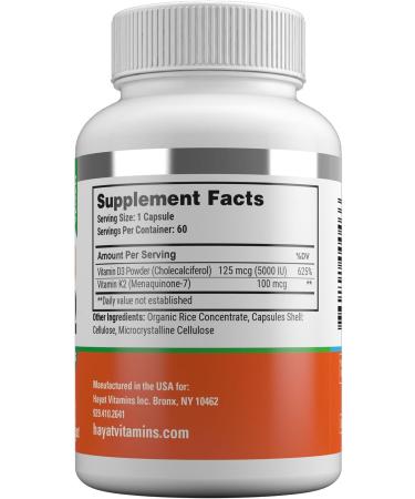 HAYAT Vitamins Vegan Vitamin D3+K2 (5000 IU + 100 MCG) Dietary Supplement for Bone Teeth Muscle and Immune Health Support 2 Month Supply Certified Halal 60 Capsules Made in The USA - Buy Online on GoSupps.com