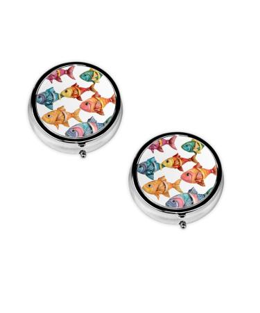 (Colorful Fish) Round Pill Box 3 Compartment Pill Box Mini Decorative Pocket Purse Portable Travel Medicine Tablet Vitamin Holder Organizer Pill Case