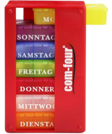 Com-Four 7-Day Drug Doser Box - Weekly Pill Organizer with 3 Compartments - Red Medication Storage for Morning Lunch and Evening Doses - International Shipping Available - Buy Online on GoSupps.com