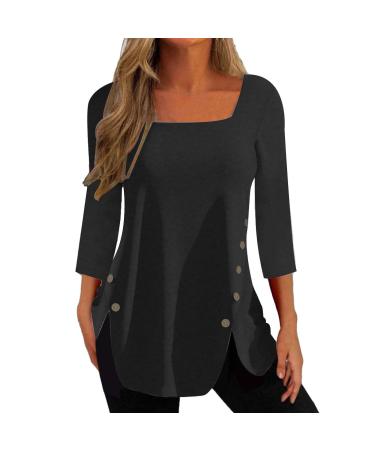 tsaChick Womens Sweatshirts UK Women's T-Shirts Side Button Tops Ladies Long Sleeve Square Neck Shirts Solid Fitted Pull On Black Hoodies Women S-XXL WYB47 Black 101 S