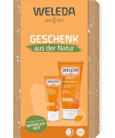 Weleda Bio Gift Set Sanddorn 2023 - Natural Cosmetics Gift Box Care Set consisting of Vitality Sand thorn shower gel and sanddorn express hand cream.Optimally for daily care for body and hands organic sound thorn gift set