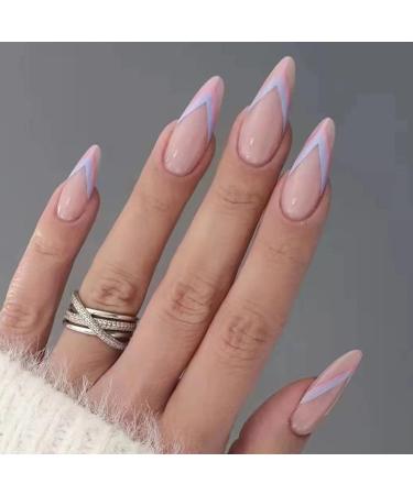 JUSTOTRY 24 Pcs Almond False Nails Short Pink Press on Nails with Designs Nude French Tip Falses Nail Stick on Nails for Women Acrylic Fake Nails with Glue for Women Nails Art blue & Pink