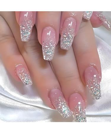 Mouyouglow press on nails medium ballerina pink color gradient jelly silver glitter fake nails artificial nails with nail glue natural pink ombre shimmer artificial fingernails ... wg2