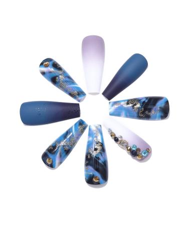 Brishow Coffin Artificial Nails - 24 Strass Press On Long Blue Marble Acrylic Ballerina Nails for Women & Girls - Buy Online on GoSupps.com