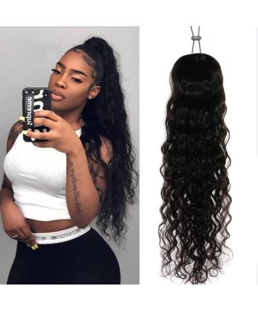 Human Hair Drawstring Ponytail Extension 10A Brazilian Virgin Hair Ponytail For Black Women Water Wave Ponytail Hairpiece with Clip in Binding Pony Tail Natural Black Color(16inch) 16 Inch Water Wave