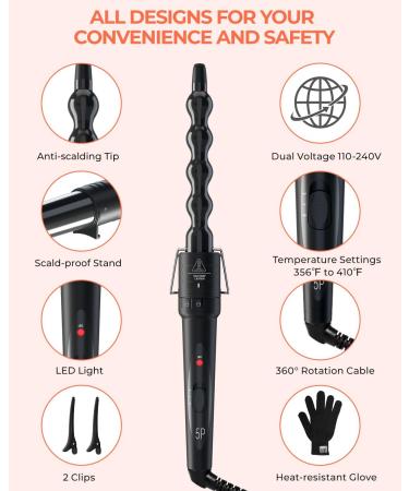 Curling Wand Ohuhu 5 in 1 Hair Curler Curling Tongs Iron Set with 5 Pcs 0.35 to 1.25 Inch Interchangeable Ceramic Barrel Heat Protective Glove 2 Clips Dual Voltage Gift for Girl Women Mother's Day Black - Buy Online on GoSupps.com