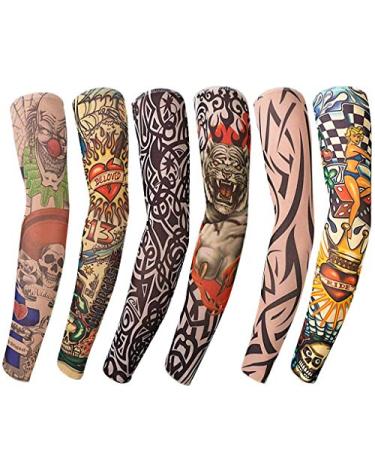 6 pcs Temporary Tattoo Arm Sleeves Stretchy Nylon Arts Fake Slip-on Arm Sunscreen Sleeves Outdoor Sunscreen Riding Cycling Elbow Braces Body Art Arm Stockings Slip Accessories for Men Women