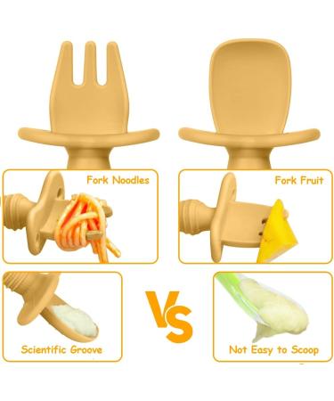 Vicloon Baby Fork and Spoon Set - 4Pcs Silicone Self Feeding Utensil for Easy Grip | Toddler Cutlery Kit for Infant & Children | First Led Training & Weaning Spoons - Apricot Yellow - Buy Online on GoSupps.com