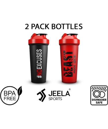JEELA SPORTS 2 Pack Protein Shaker Bottles - 24 Oz Blender Shaker Cups with Shake Ball - Dishwasher Safe, Ideal for Protein Mixes, Pre & Post Workout Shakes - Gym Red/Black - Buy Online on GoSupps.com