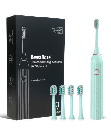 BeastRose Ultrasonic Electric Toothbrushes 5 Modes 5 Brush Heads USB Fast Charge Powered Toothbrush for Adults & Kids (Green)
