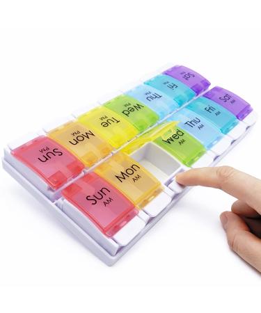 MOLN HYMY 7 Day Pill Organizer AM PM 2 Times a Day, Large Capacity Weekly Pill Box Twice Daily, Rainbow Morning and Evening Pill Case 14 Dividers BPA-Free Medicine Organizer with Easy Push Button 1 Rainbow