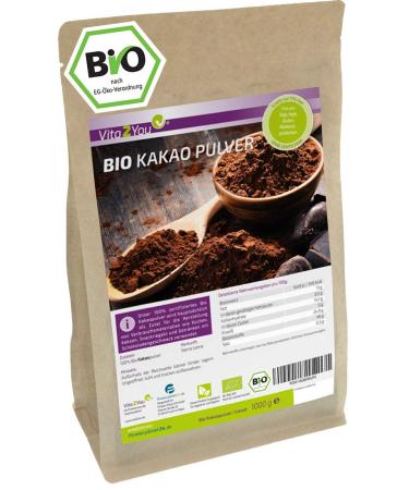 Organic cocoa powder 1000g - unsweetened - whole cocoa beans ground from organic farming - cocoa powder - premium quality 1 kg (1 pack)