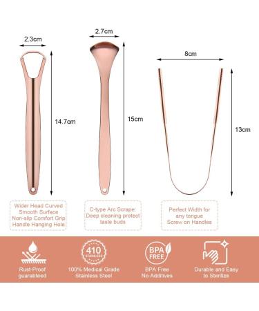 Acwoo Tongue Cleaner Set - 3 Stainless Steel Tongue Scrapers for Oral Care | Rose Gold Tongue Brush for Bad Breath Relief - Buy Online on GoSupps.com
