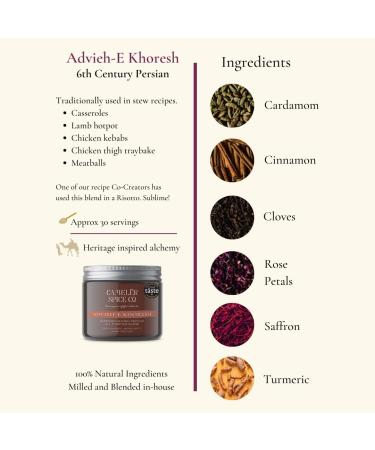 Cameler Spice Co | Advieh-E Khoresh | Award Winning | 6th Century BC | Saffron infused | Honeyed and floral spice mix | 7 ingredients | Persian | Tradtional Stewing Blend | All Purpose seasoning - Buy Online on GoSupps.com