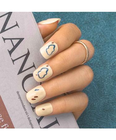 Sethexy short square false fingernails white false nails blue nails glue glossy nails with glue 24st acrylic art nail tips to press on for women and girls