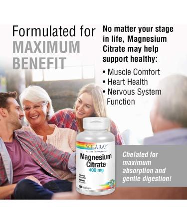 Solaray Magnesium Citrate 400 mg - 180 Vegan Caps for Healthy Muscle & Nerve Function - Buy Online on GoSupps.com