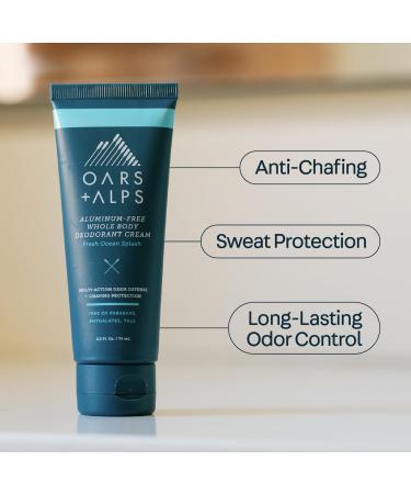 Oars + Alps Whole Body Deodorant Cream For Men - Multi-Action Odor Defense - Aluminum Free Baking Soda Free Anti-Chafe - 2.5 Ounce Tube - Fresh Ocean Splash - Buy Online on GoSupps.com