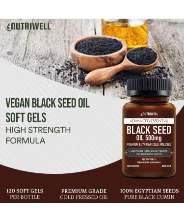 Nutri Well Black Seed Oil Softgel 500mg - 120 Vegetarian Capsules | Non GMO, Cold Pressed Nigella Sativa, Vegan & Vegetarian, Made in UK - Buy Online on GoSupps.com