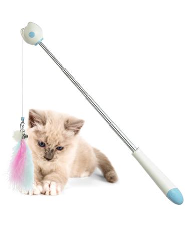 PETVERA Retractable Wand Cat Toy - Interactive Feather String Toys Indoor - Best Teaser Laser Toy for Kitten Pack to Play Chase Fun Exercise - Stick for Cat Fishing (Blue)