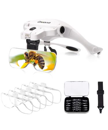 Magnifying Glasses - Headband Magnifier Glasses with 2 Led Light, Hands-Free Interchangeable Headband and 5 Lenses for Close Work