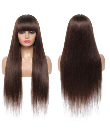 Brazilian Straight Brown Human Hair Wig with Bangs for Black Women - 18 Inch Medium Brown Non-Lace Glueless Wig - Buy Online on GoSupps.com
