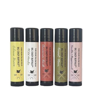 Big Crazy Buffalo Pure Bison Tallow Lip Balm Set (5 pack) - Moisturizing Non-Habit Forming Soothes Chapped Lips Hydration Pure and Natural No Petroleum or Harsh Chemicals Hydrating Beeswax Assorted 0.4 Ounce (Pack...