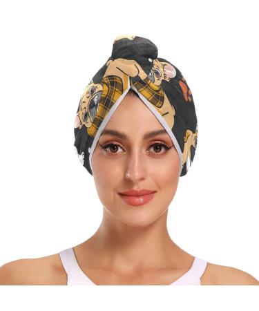 Bulldog with Scarf Hair Towel 2 Pack Super Absorbent Hair Drying Towel Quick Dry Hair Turbans Head Towel with Button Twisty Wrap for Women Girls