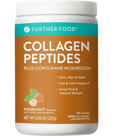 Further Food Collagen Peptide Powder Hazelnut Blend with Lionâ€™s Mane Mushroom Grass-Fed Hydrolyzed Type 1 & 3 Protein Gut Health + Joint Hair Skin Nails Paleo Keto Sugar-Free (8.36 Ounce)