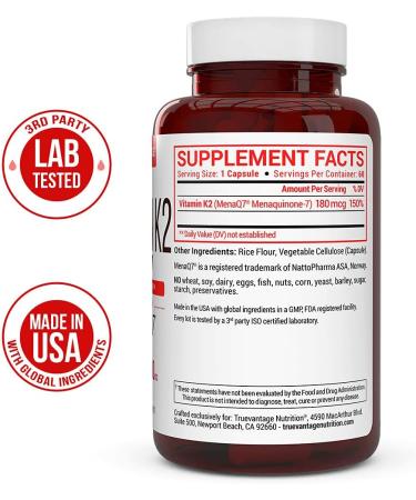 Vitamin K2 MK-7 180mcg Supplement - Promotes Bone & Heart Health - 60 Veg Caps MenaQ7 K2 MK7 - Buy Online on GoSupps.com