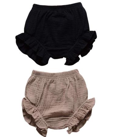 HASAKI 2Pcs Kids Linen Bloomer Shorts - Newborn Baby Girls Boys Toddler Diaper Cove 12-18 Months Black+khaki