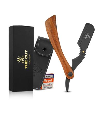 The Cut- Factory- Straight Razor with 100 Pack Platinum Treat Single Blade Razors for Men- Professional Barber Straight Edge Razor for Close Shaving 100 Percent Wood -Brown