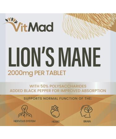 Lions Mane 2000mg Tablet with Black Pepper - Vegan, Mental Performance & Focus - 180 Tablets - Buy Online on GoSupps.com