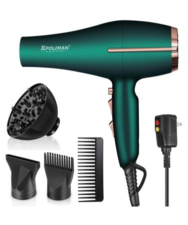 Pro Ionic Salon Hair Dryer,Xpoliman Hair Blow Dryer,Powerful 2000 Watt with AC Motor,Quick Drying Salon Hairdryers with Diffuser Fast Drying Blow Dryer Lightweight Best Soft Touch Body -Green & Gold