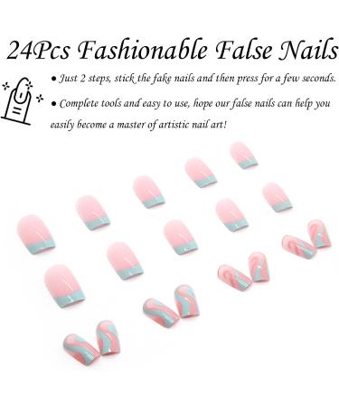 Square Short Blue French Fake Nails - 24Pcs Press On Acrylic with Pink Swirl | Nail Glue and Tips for Women & Girls - Buy Online on GoSupps.com