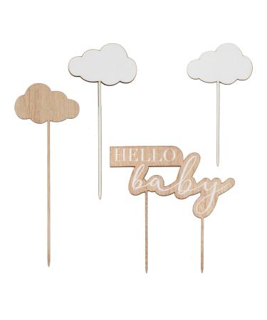 Ginger Ray Wooden Gender Neutral Hello Baby and Clouds Baby Shower Cake Topper