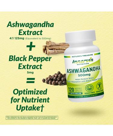 INNERVISNUTRITION Ashwagandha 500mg Stress Relief Mood Balance & Relaxation with Black Pepper 120 Vegan Capsules - Buy Online on GoSupps.com