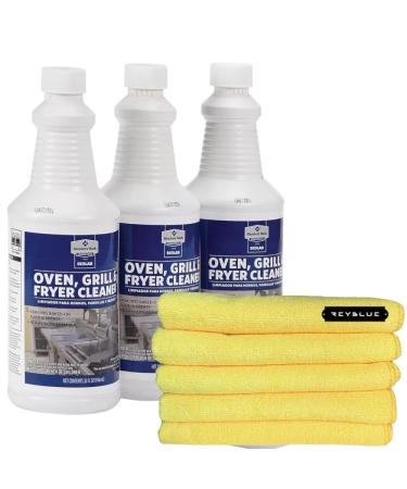 Commercial Oven Grill and Fryer Cleaner 32 oz 3 pk Comes With ReyBlue 5-Pack Premium 16"" x 16"" 400 GSM Microfiber Cleaning Cloth Towel Rags