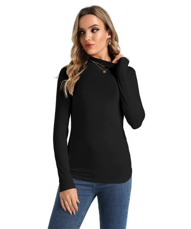 Womens Casual Mock Turtleneck Active Base Layer Tops Long Sleeve Soft Slim Pullover Shirt Black Large