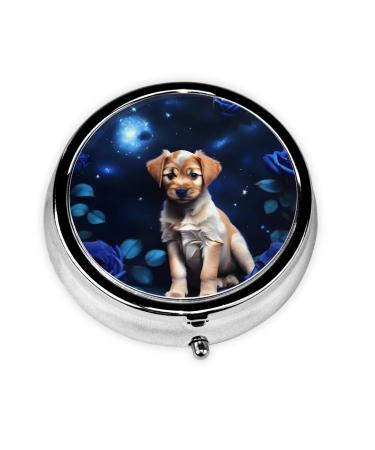 Puppy Blue Roseround Pill Box 3 Compartments Round Pill Box Organizer for Purse Or Pocket &*Portable Travel Pill Box