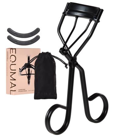 EQUMAL Curved Edge Eyelash Curler with 2 Refill Pads & Satin Pouch - for Asian Eyes - No Pinching or Pulling and Perfect for Short and Straight Flat Lashes - 2 Different Curling Style - Gentle & Safe