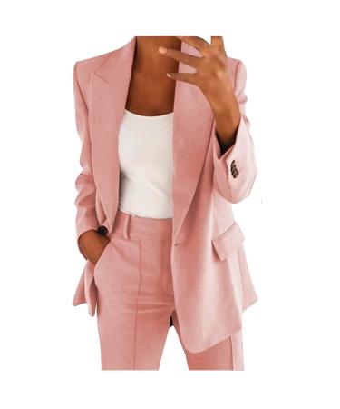 Women Comfy Two Piece Blazer Sets Open Front Blazers 8 Trouser Pants Suits Set Elegant Business Pockets Jacket 1886-sasnx-pink-b L