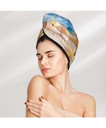 Quick-Dry Hair Towel Wrap with Button | Soft Towel Turban for Easy Hair Drying - Beach Starfish Shell Design - Buy Online on GoSupps.com