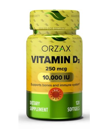 ORZAX Vitamin D3 10000 iu 120 Days Supply Supports Immune System & Bone Healths Mood Booster D3 Vitamin Gluten-Free 250 mcg 120 Mini Softgels