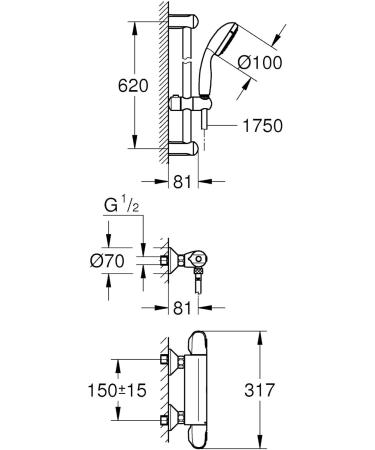 GROHE 34151004 Grohtherm 1000 Thermostat Battery Set DN 15 - Chrome Shower Arrangement 600 mm | International Shipping Available - Buy Online on GoSupps.com