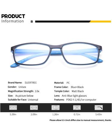 Suertree 3PC Blue Light Glasses - Computer & Reading Glasses for Men & Women | 2.0x Diopter Visual Aid - Buy Online on GoSupps.com