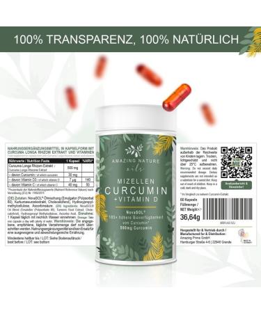 Amazing Nature Micelle Curcumin Capsules | High Dose Turmeric with Vitamin D & C | 185x Absorption | 60 Premium Liquid Capsules - Buy Online on GoSupps.com