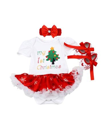 FYMNSI Baby Girl My First Christmas Outfit Infant Babies 1st Xmas Party Dress Princess Tutu Romper with Shoes Headband 3pcs/Set Reindeer Xmas Tree Print Bodysuit Jumpsuit Photo Props for 0-18 Months 6-12 Months White Christmas Tree Short Sleeve