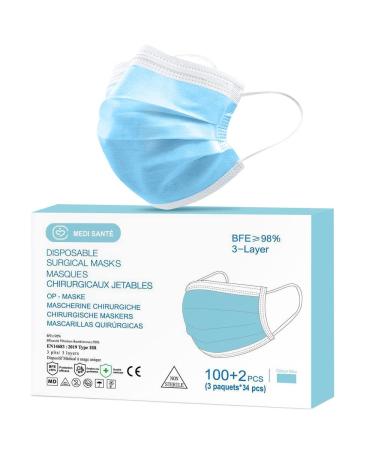 Medi Sant 102 x Mask Type IIR - Respirator Medical MASKS Medical Standard EN14683 BFE 98% 3 -posable mask for MOUTH and NOSE Protection Blue 1